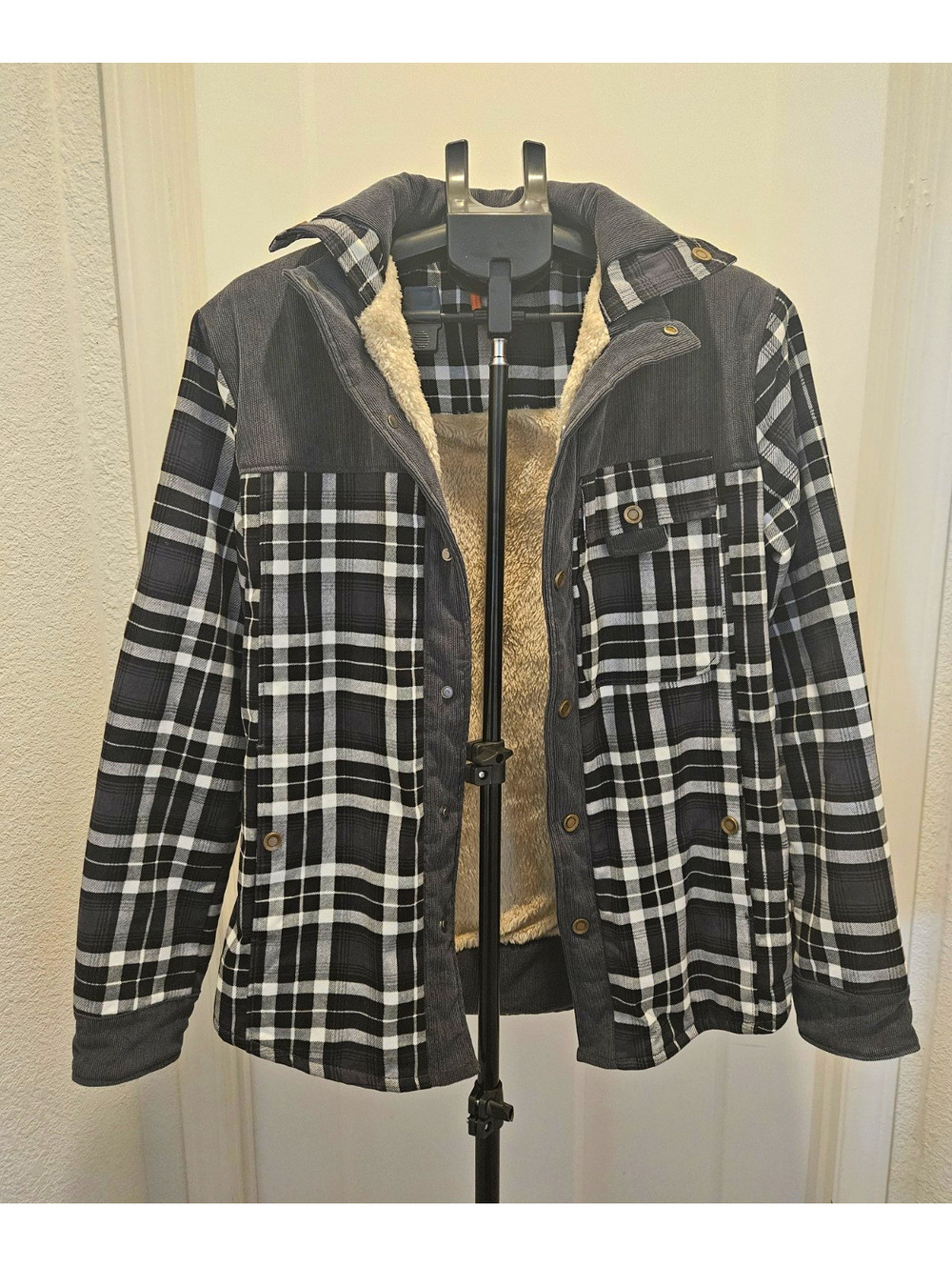 Men's Black/White/Gray Plaid Sherpa-Lined Cotton Jacket Button/Zip Size S